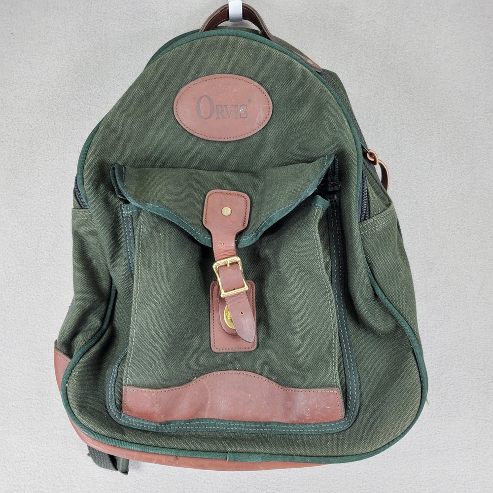 Orvis Canvas Leather Backpack Green Rugged Outdoor Field Bag Heritage Vintage